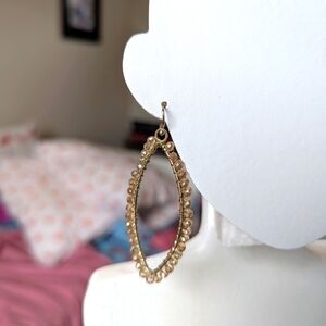 Crystal beaded earrings. Amber and gold. Hook style. Unique shape